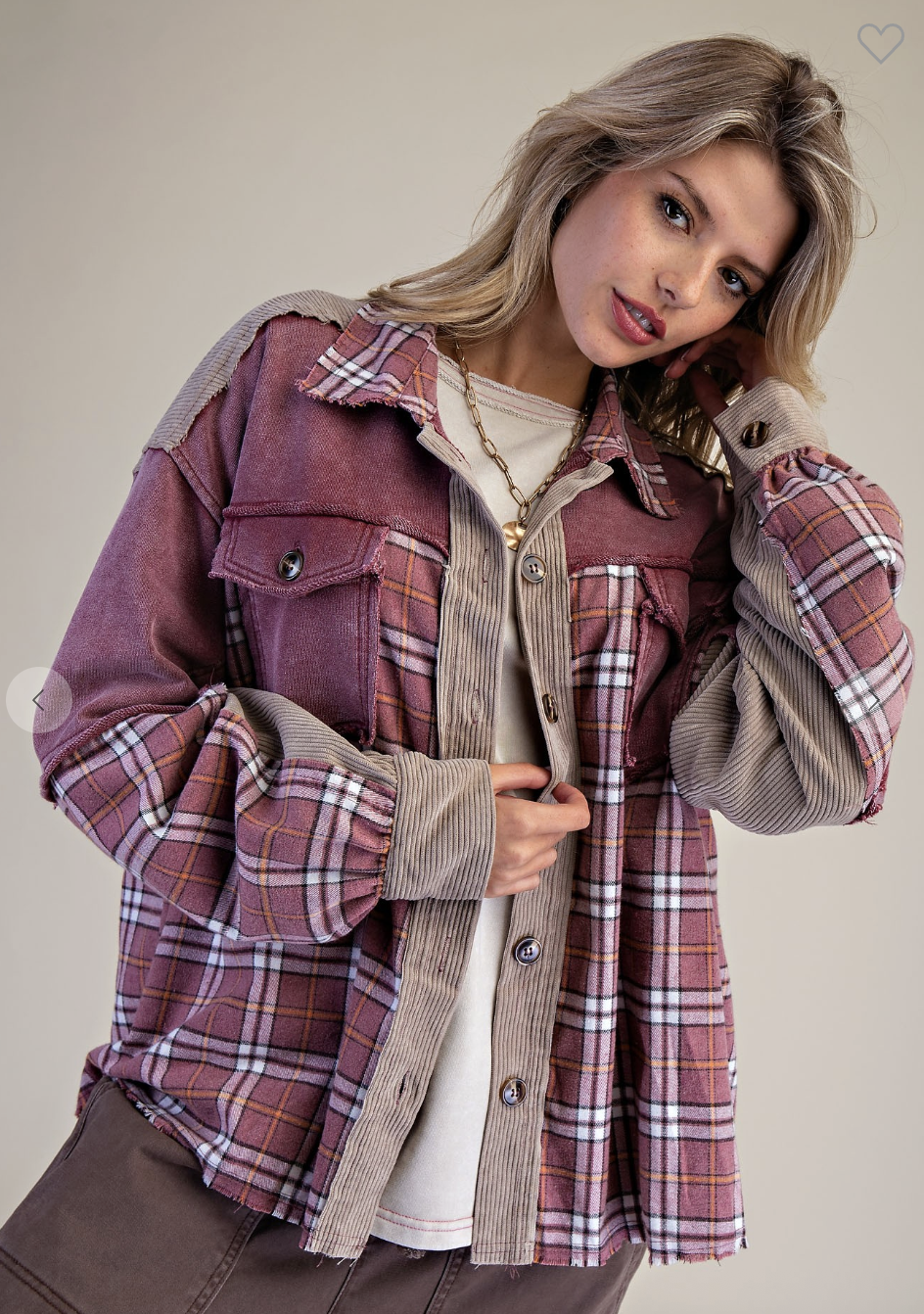 Fall Plaid Mix Corduroy Button Down Shacket