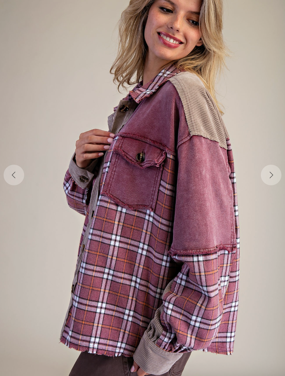 Fall Plaid Mix Corduroy Button Down Shacket