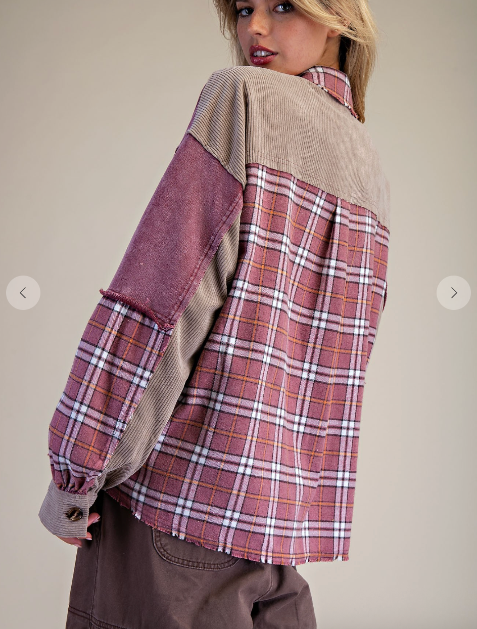 Fall Plaid Mix Corduroy Button Down Shacket