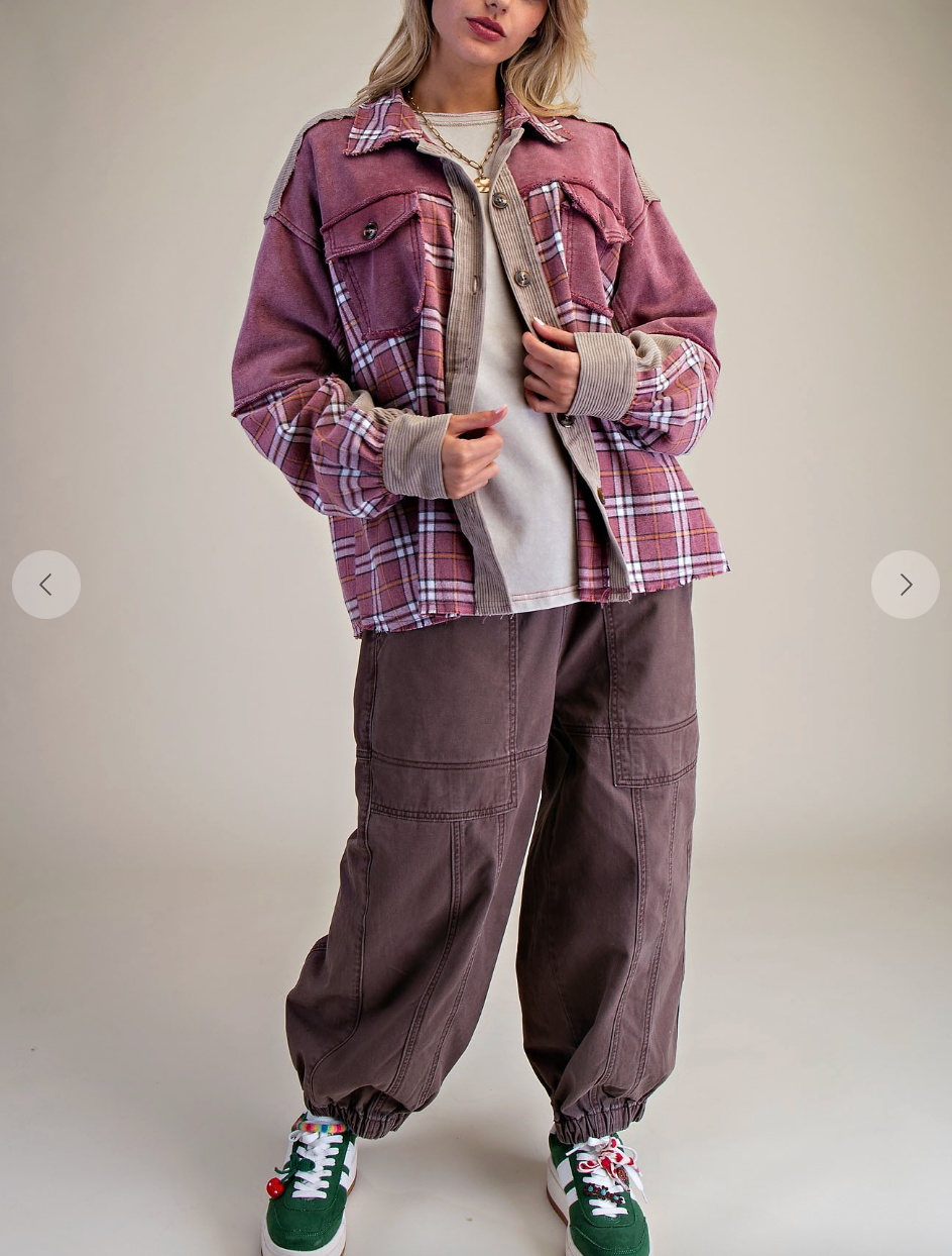 Fall Plaid Mix Corduroy Button Down Shacket